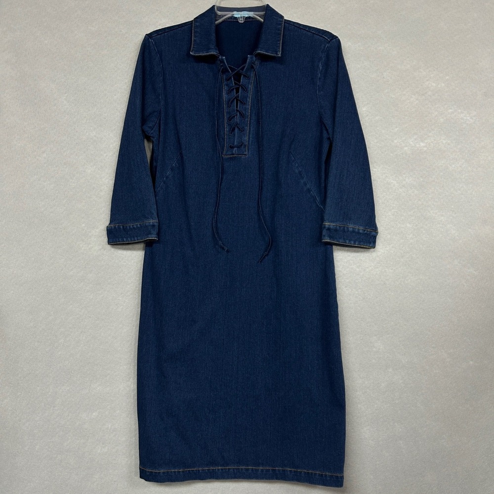 J. McLaughlin Womens M Shirt Dress Blue Denim Lace Up V-Neck Midi Stretch Casual